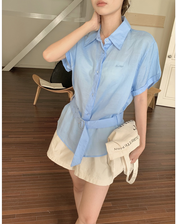 Embroidery niche belt short sleeve Korean style shirt