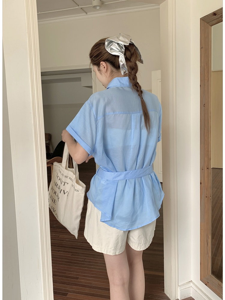 Embroidery niche belt short sleeve Korean style shirt
