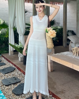 Hollow summer knitted long dress V-neck slim dress