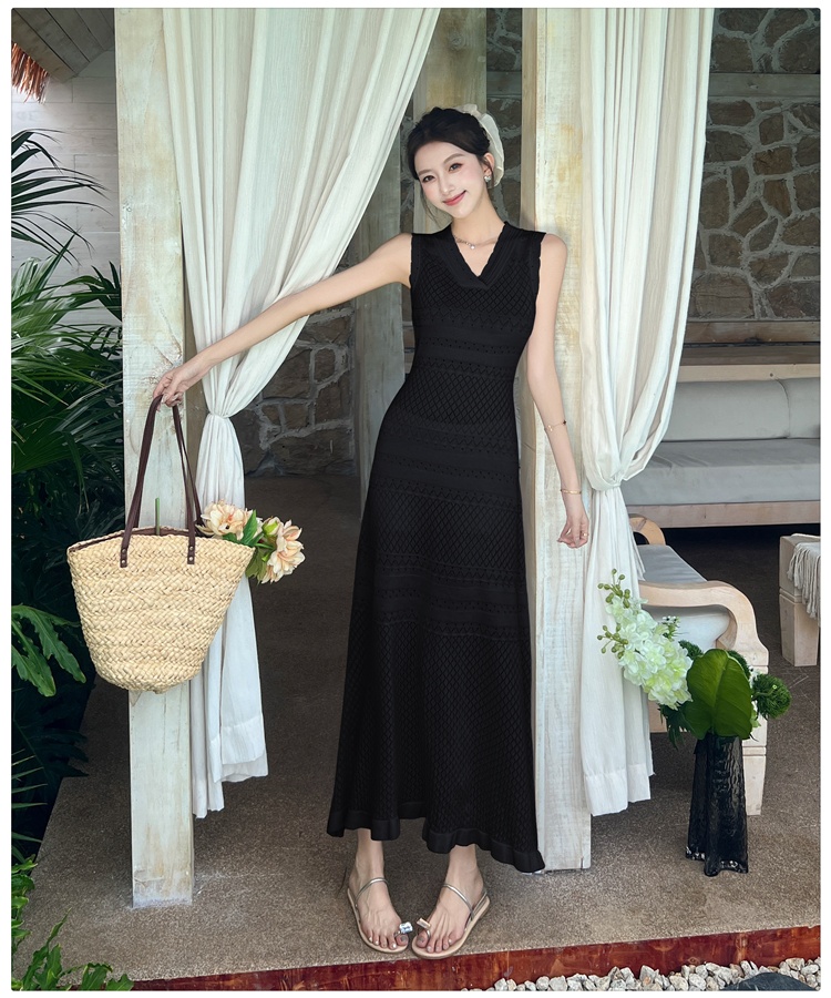 Hollow summer knitted long dress V-neck slim dress