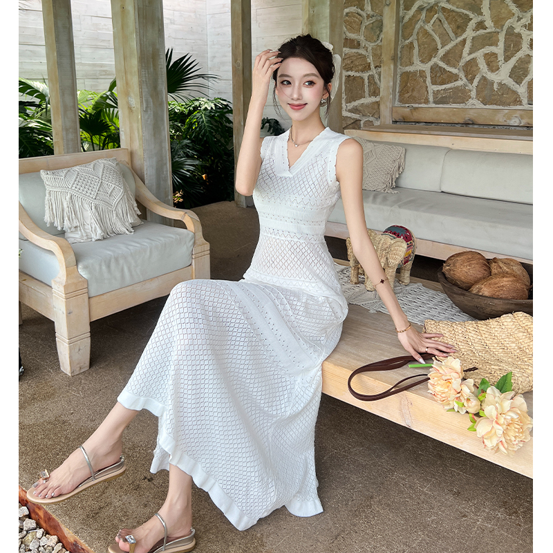Hollow summer knitted long dress V-neck slim dress