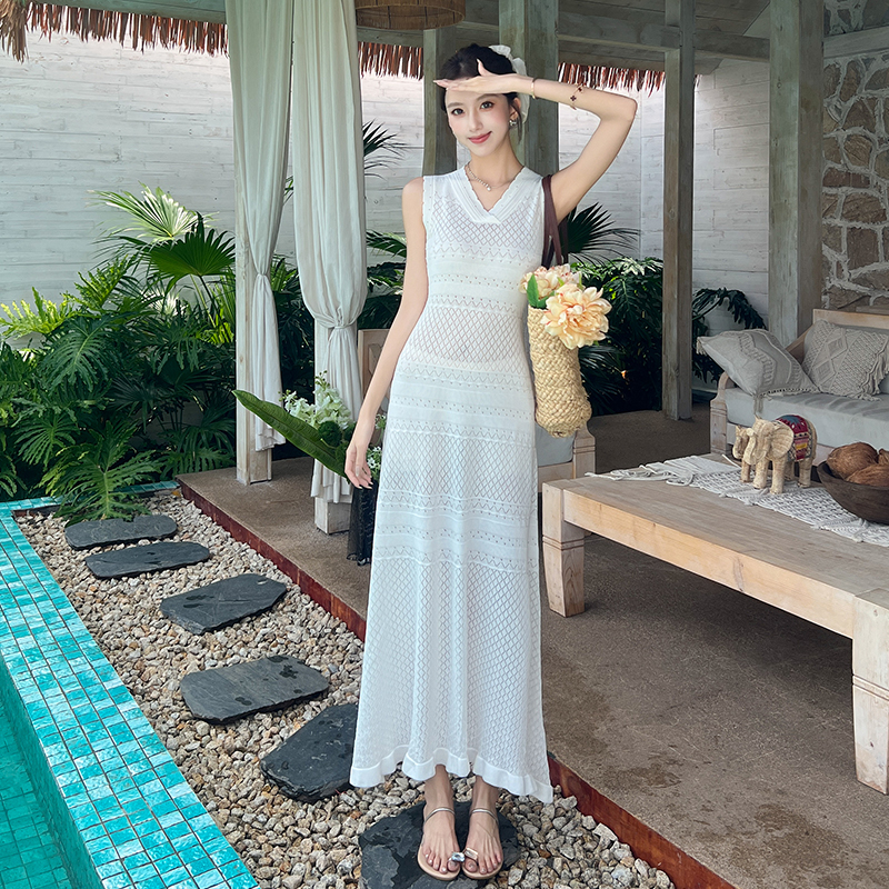 Hollow summer knitted long dress V-neck slim dress