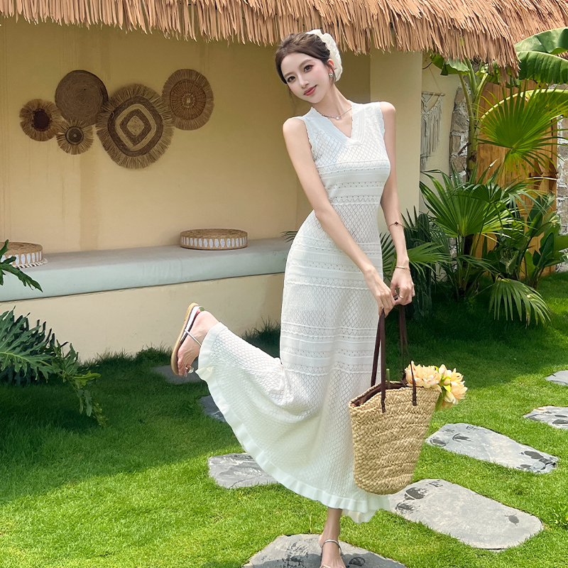Hollow summer knitted long dress V-neck slim dress