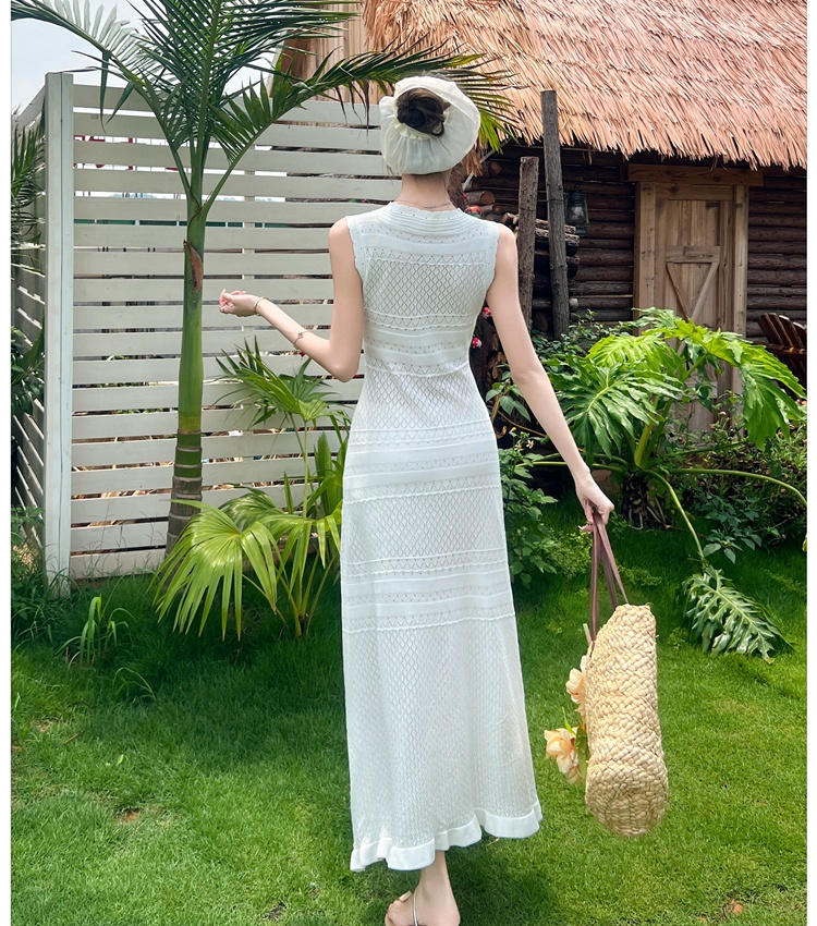 Hollow summer knitted long dress V-neck slim dress