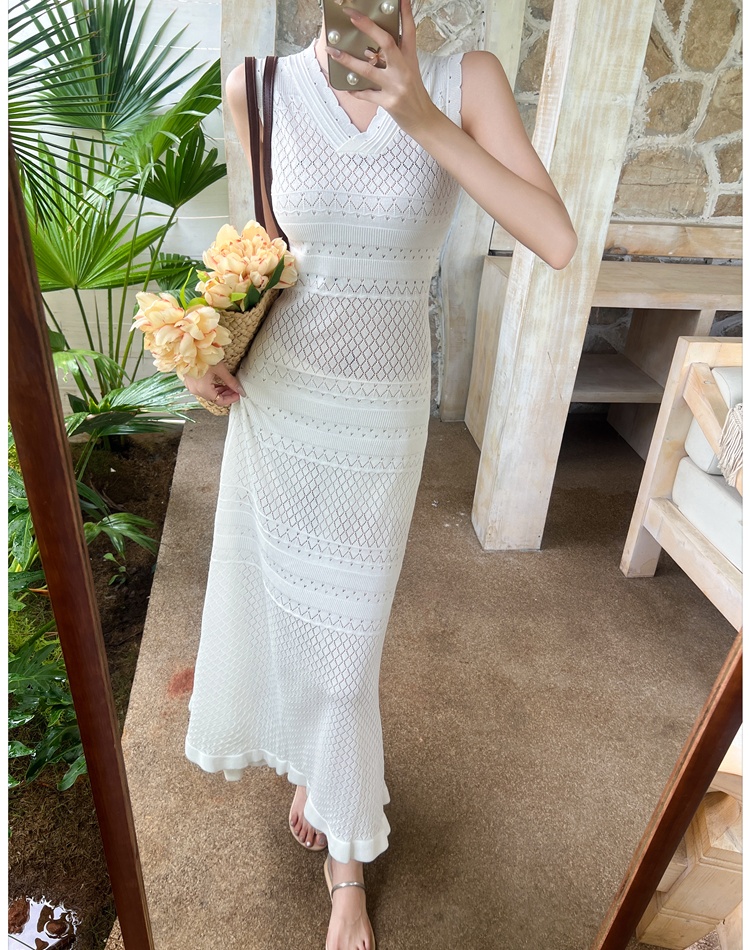 Hollow summer knitted long dress V-neck slim dress