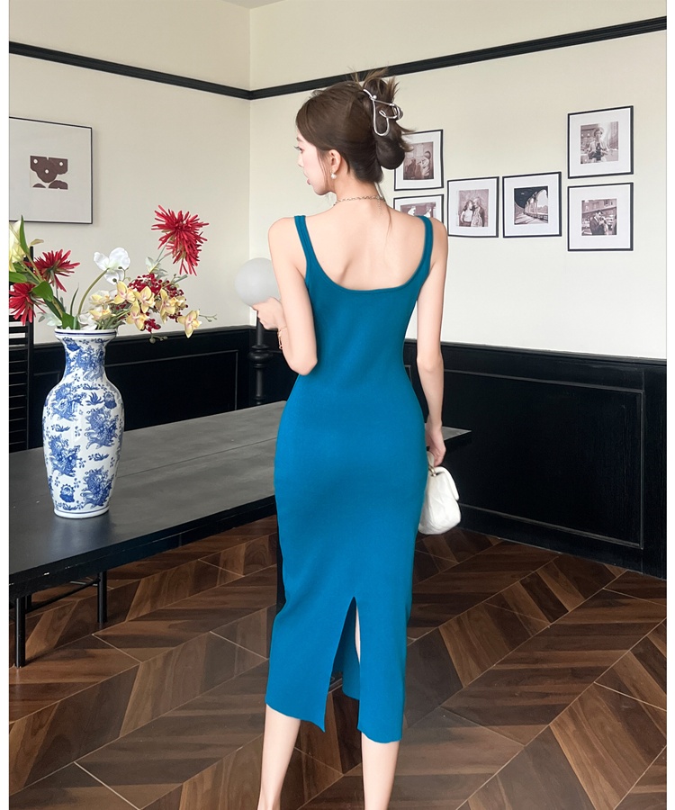 Knitted sexy strap dress V-neck ice silk dress