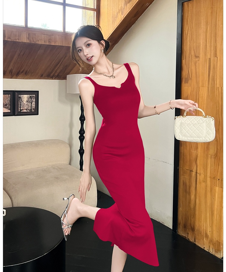 Knitted sexy strap dress V-neck ice silk dress