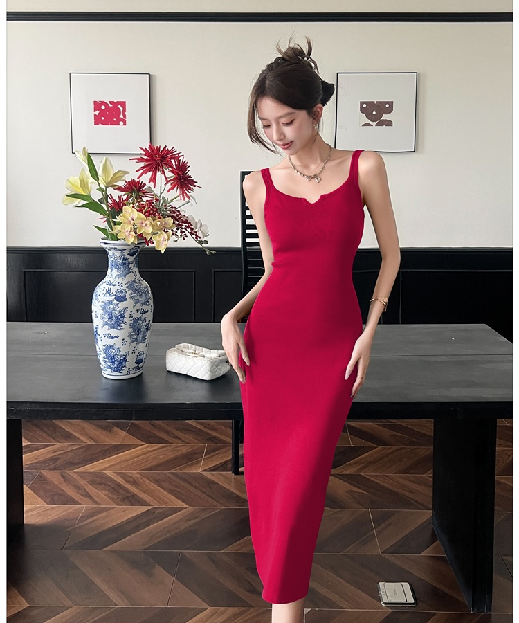Knitted sexy strap dress V-neck ice silk dress