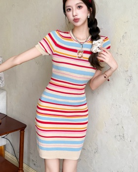 Chanelstyle knitted rainbow dress stripe summer T-back