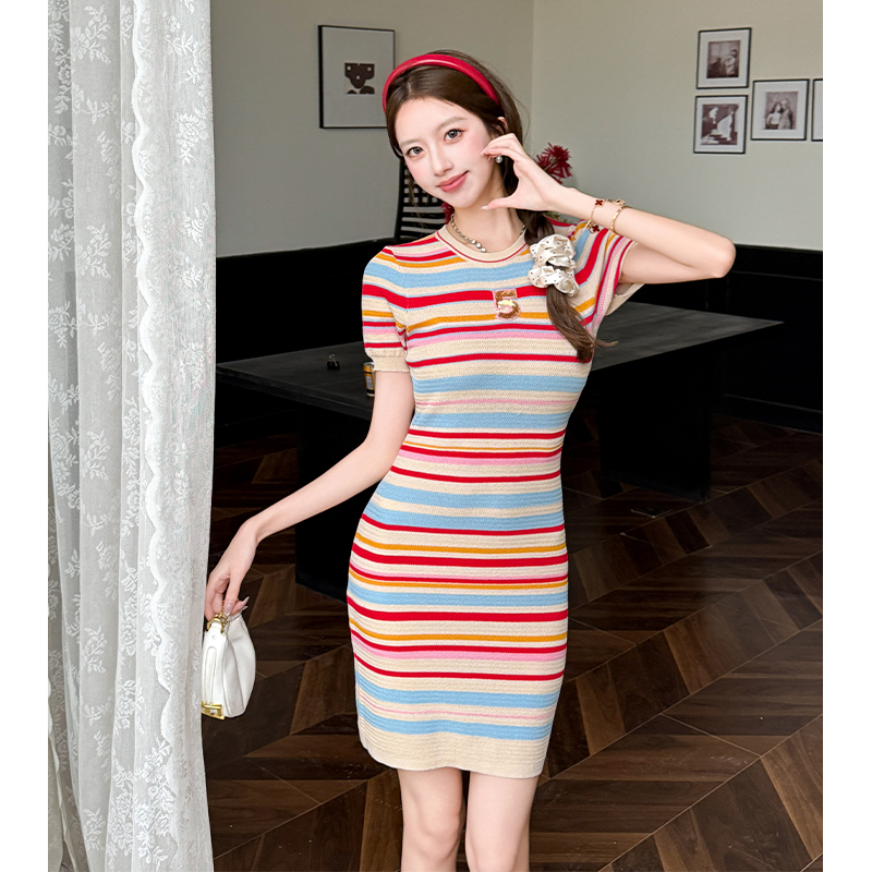 Chanelstyle knitted rainbow dress stripe summer T-back