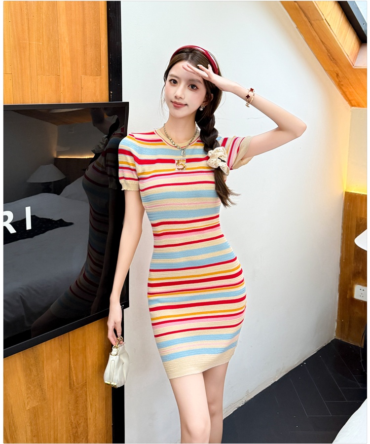 Chanelstyle knitted rainbow dress stripe summer T-back