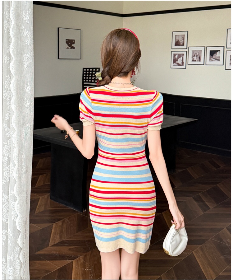 Chanelstyle knitted rainbow dress stripe summer T-back
