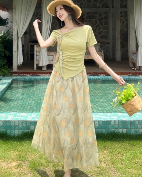 Short sleeve floral tops detachable summer skirt a set