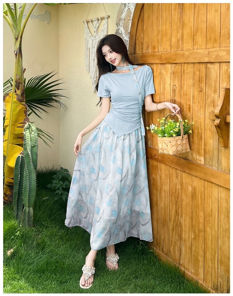 Short sleeve floral tops detachable summer skirt a set
