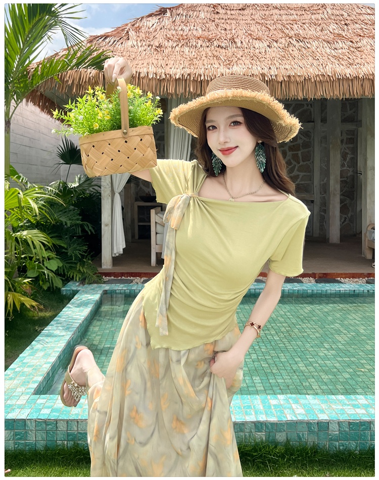 Short sleeve floral tops detachable summer skirt a set