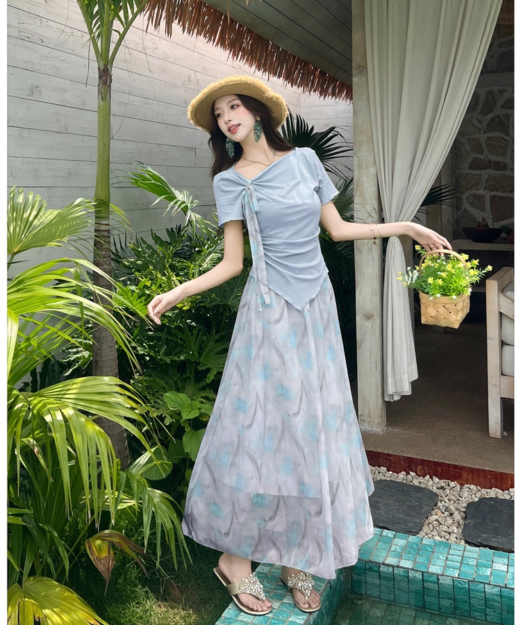 Short sleeve floral tops detachable summer skirt a set
