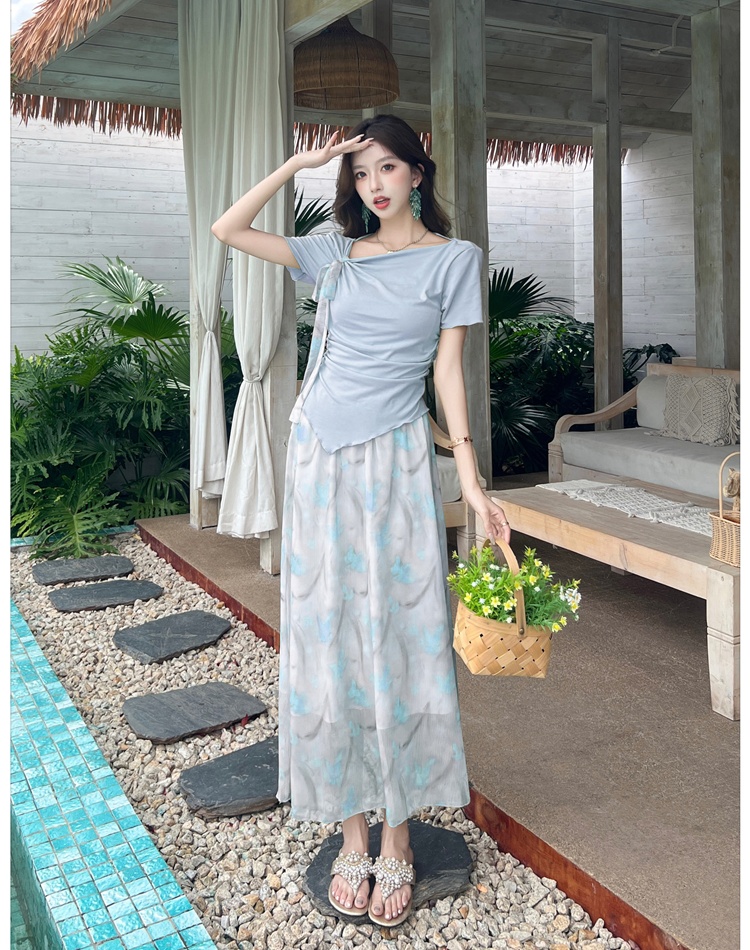 Short sleeve floral tops detachable summer skirt a set