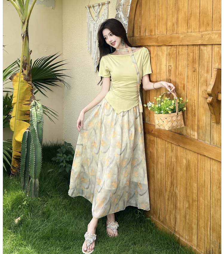 Short sleeve floral tops detachable summer skirt a set