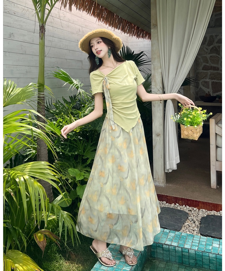 Short sleeve floral tops detachable summer skirt a set