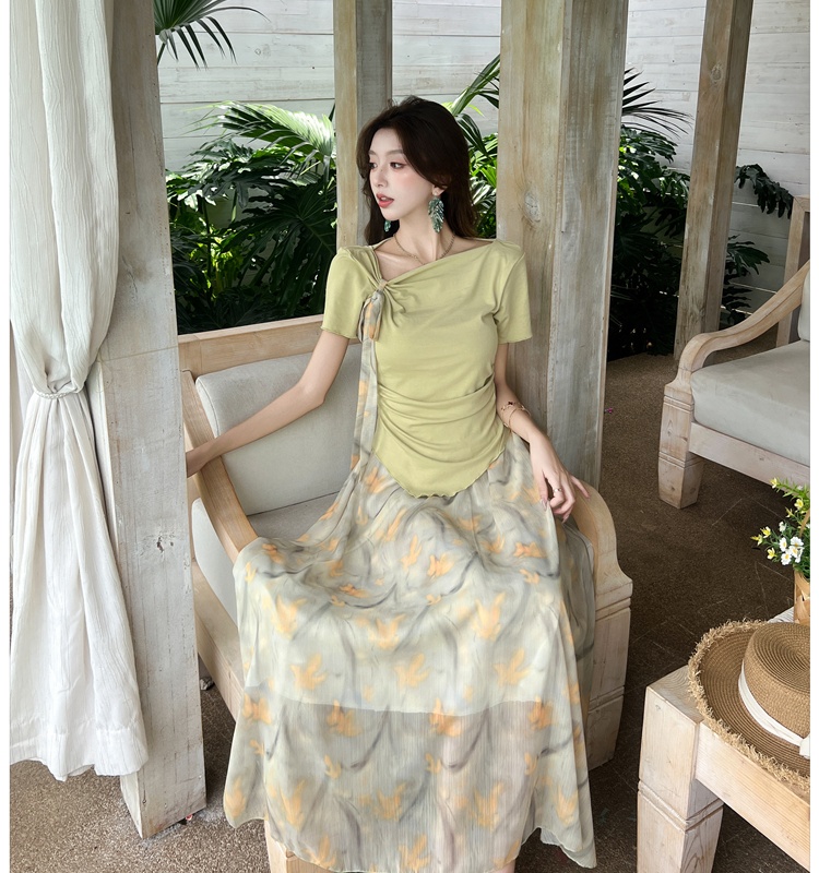 Short sleeve floral tops detachable summer skirt a set