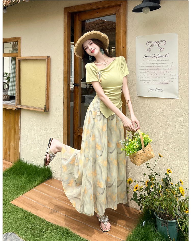Short sleeve floral tops detachable summer skirt a set