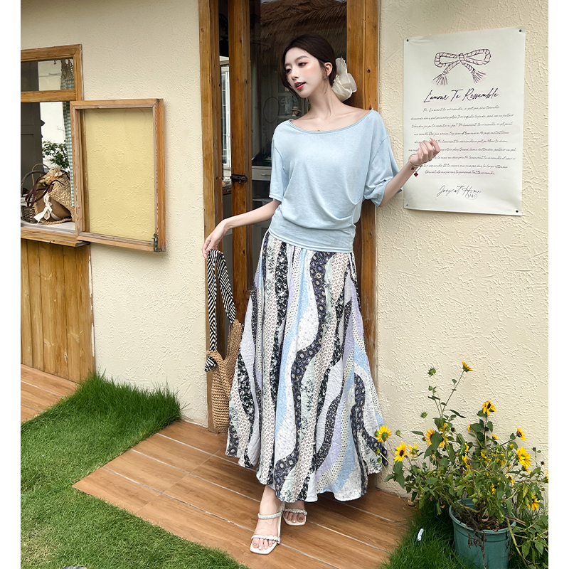 Loose big round neck T-shirt short sleeve skirt a set