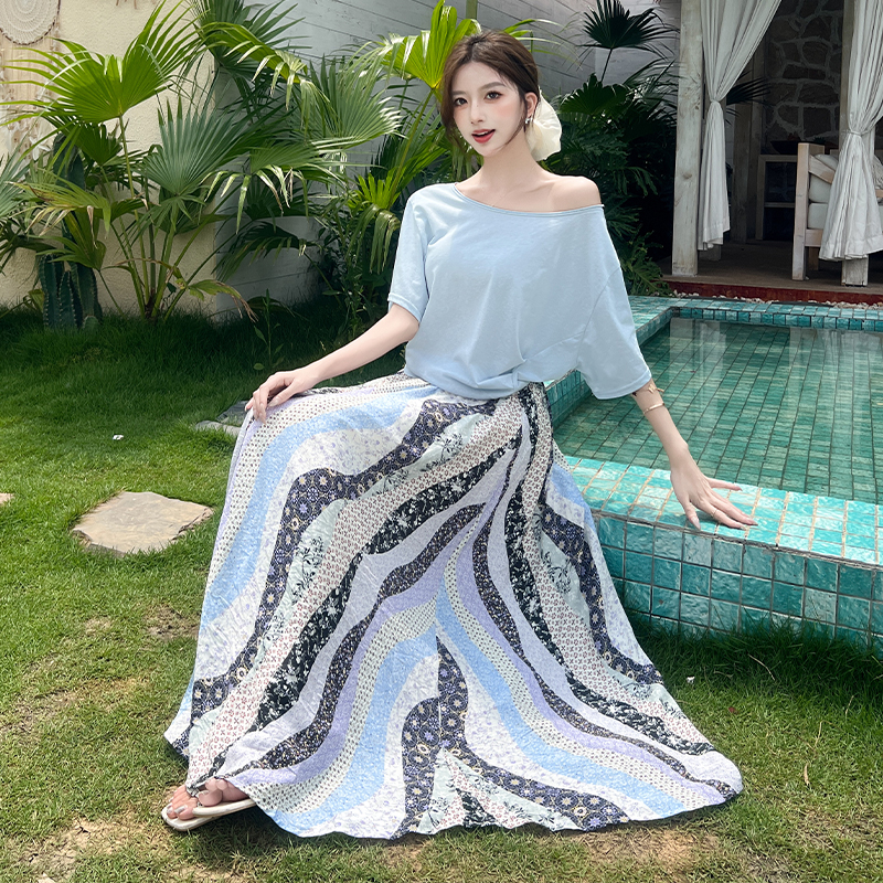 Loose big round neck T-shirt short sleeve skirt a set