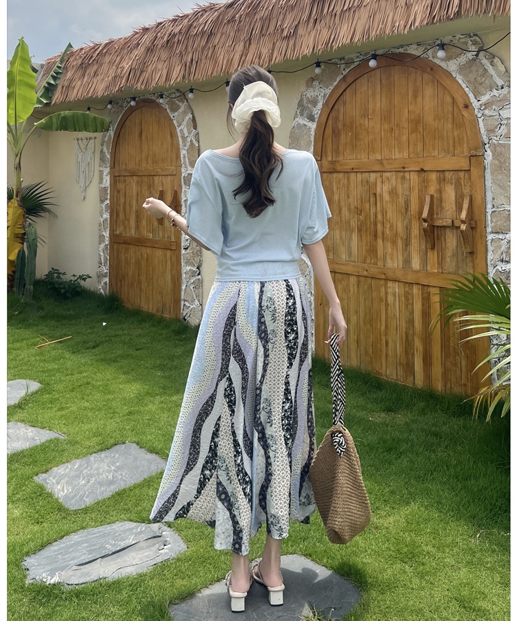 Loose big round neck T-shirt short sleeve skirt a set