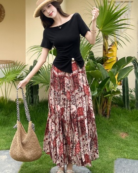 Horizontal collar skirt floral long skirt a set