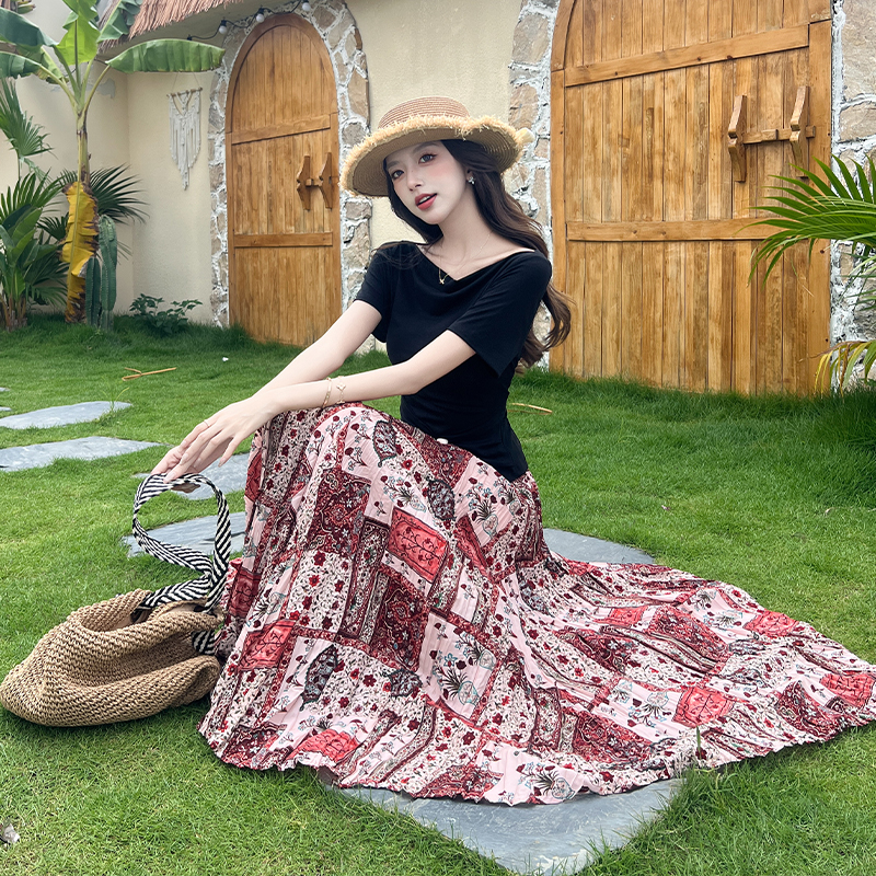 Horizontal collar skirt floral long skirt a set