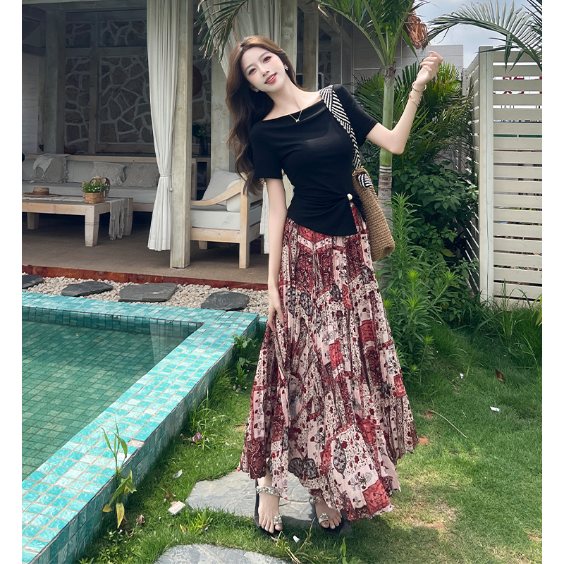 Horizontal collar skirt floral long skirt a set