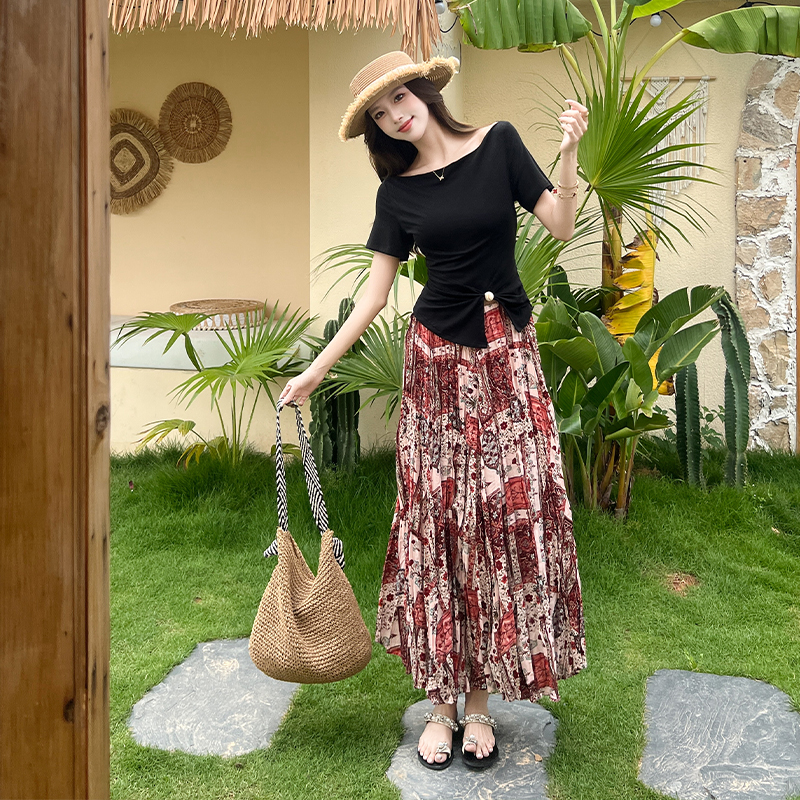 Horizontal collar skirt floral long skirt a set