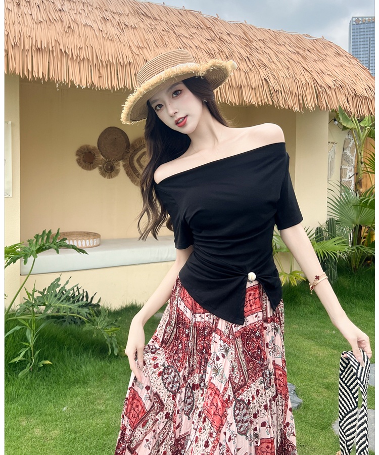Horizontal collar skirt floral long skirt a set