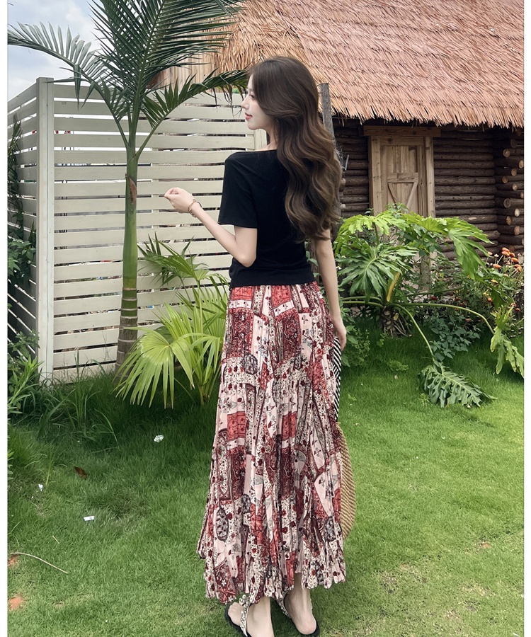 Horizontal collar skirt floral long skirt a set