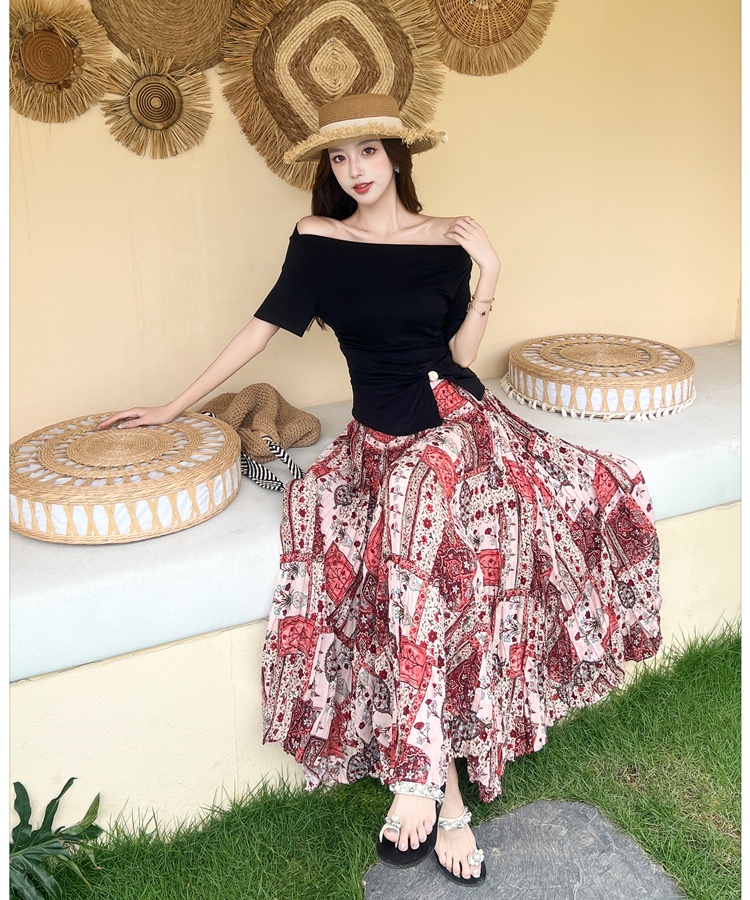 Horizontal collar skirt floral long skirt a set