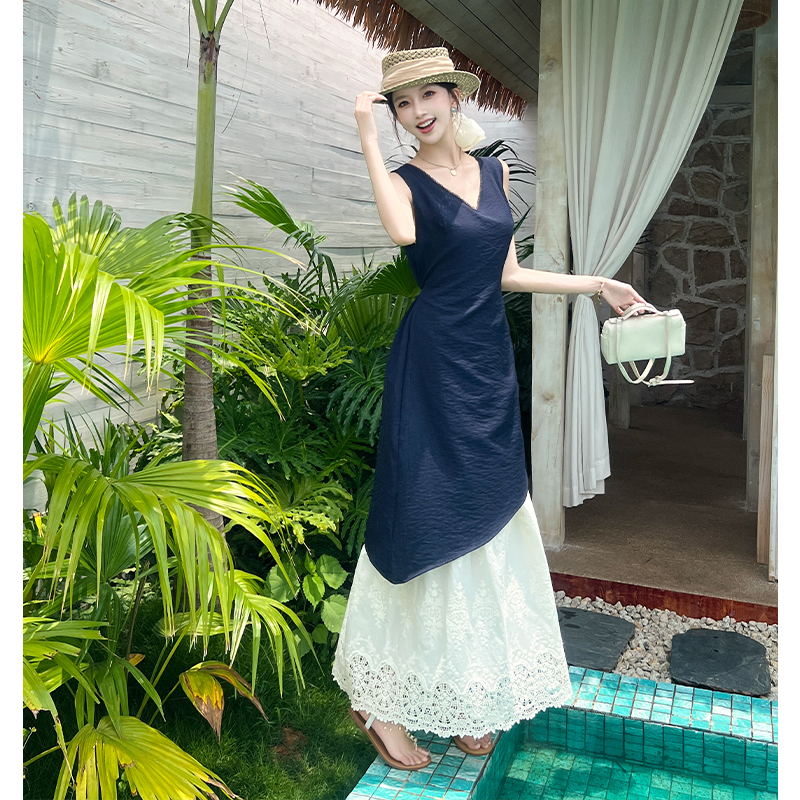 Splice Pseudo-two long dress pinched waist lace dress