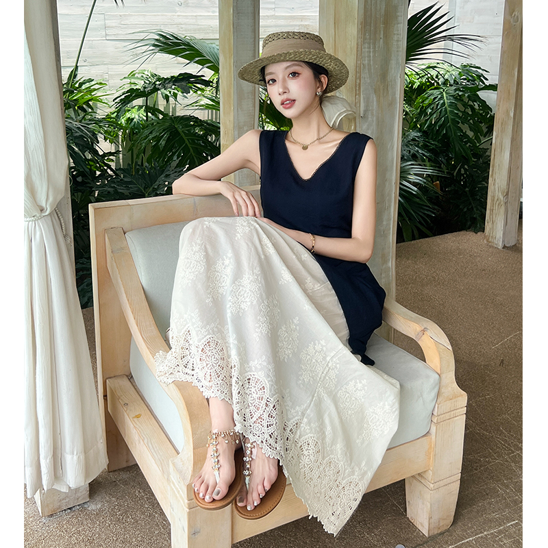 Splice Pseudo-two long dress pinched waist lace dress