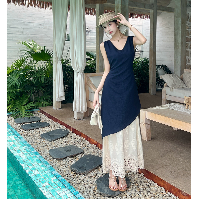 Splice Pseudo-two long dress pinched waist lace dress