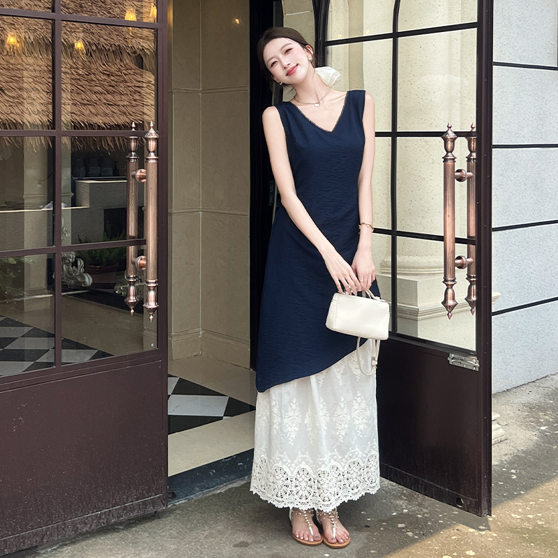 Splice Pseudo-two long dress pinched waist lace dress