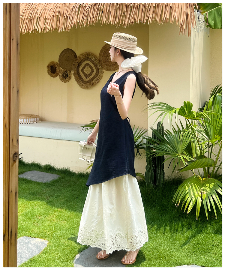 Splice Pseudo-two long dress pinched waist lace dress