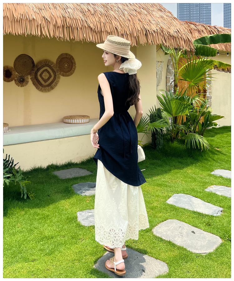 Splice Pseudo-two long dress pinched waist lace dress