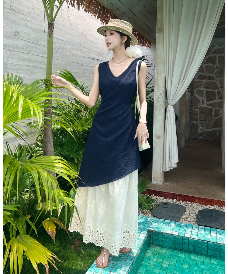 Splice Pseudo-two long dress pinched waist lace dress