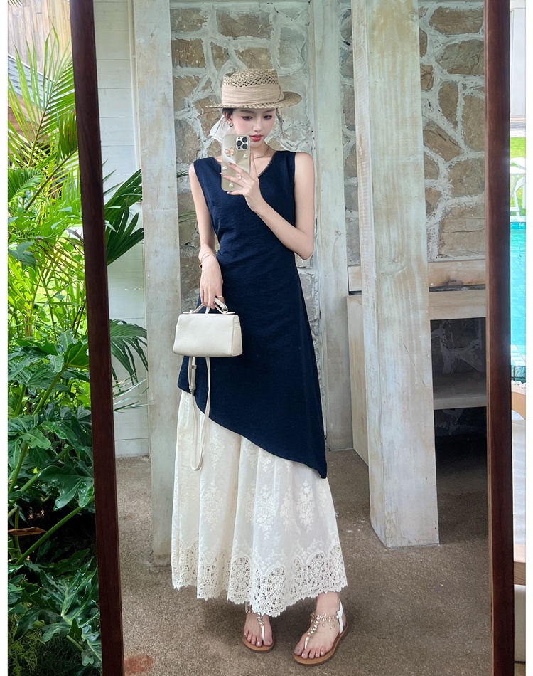 Splice Pseudo-two long dress pinched waist lace dress