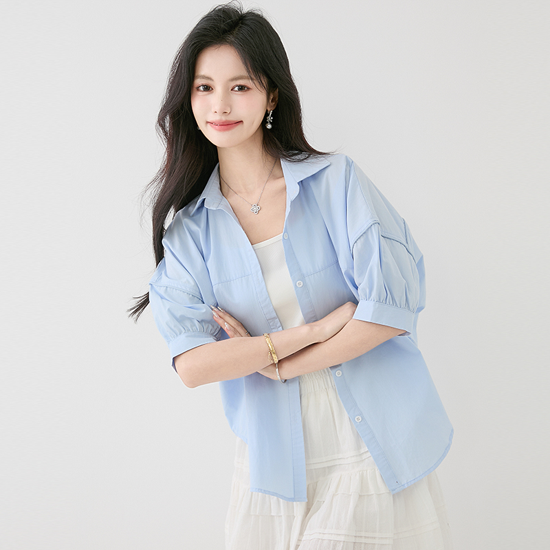 Slim summer loose tops Casual short sleeve blue shirt