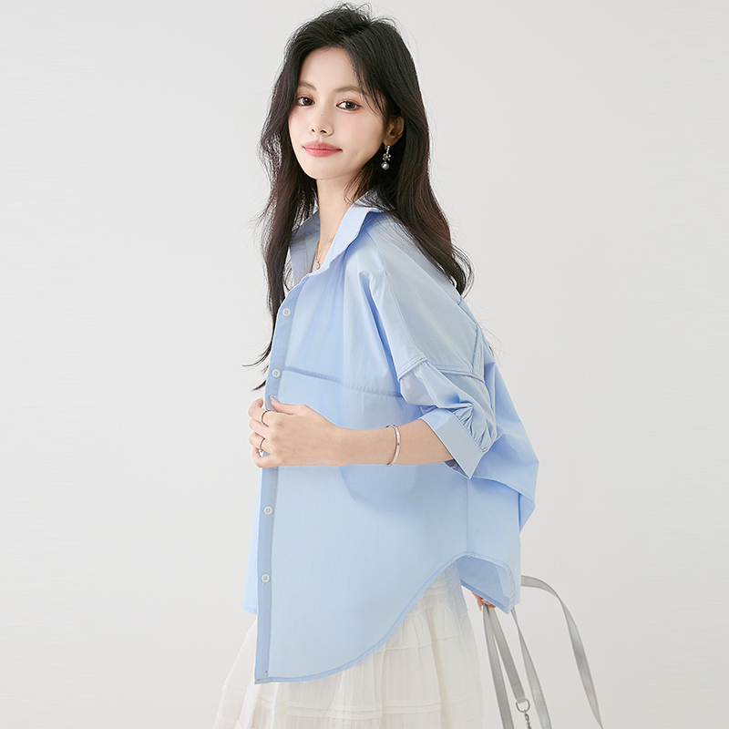 Slim summer loose tops Casual short sleeve blue shirt