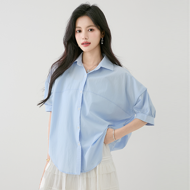 Slim summer loose tops Casual short sleeve blue shirt