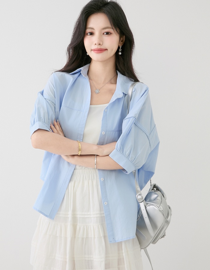 Slim summer loose tops Casual short sleeve blue shirt