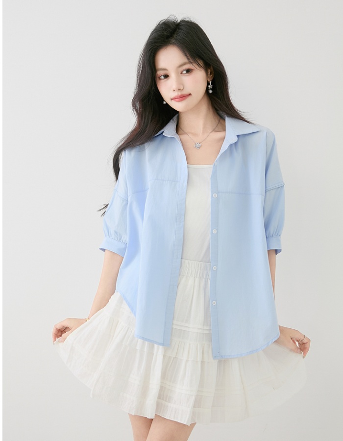 Slim summer loose tops Casual short sleeve blue shirt