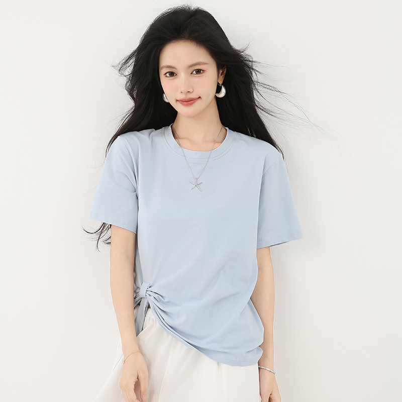 Short loose blue T-shirt irregular short sleeve tops