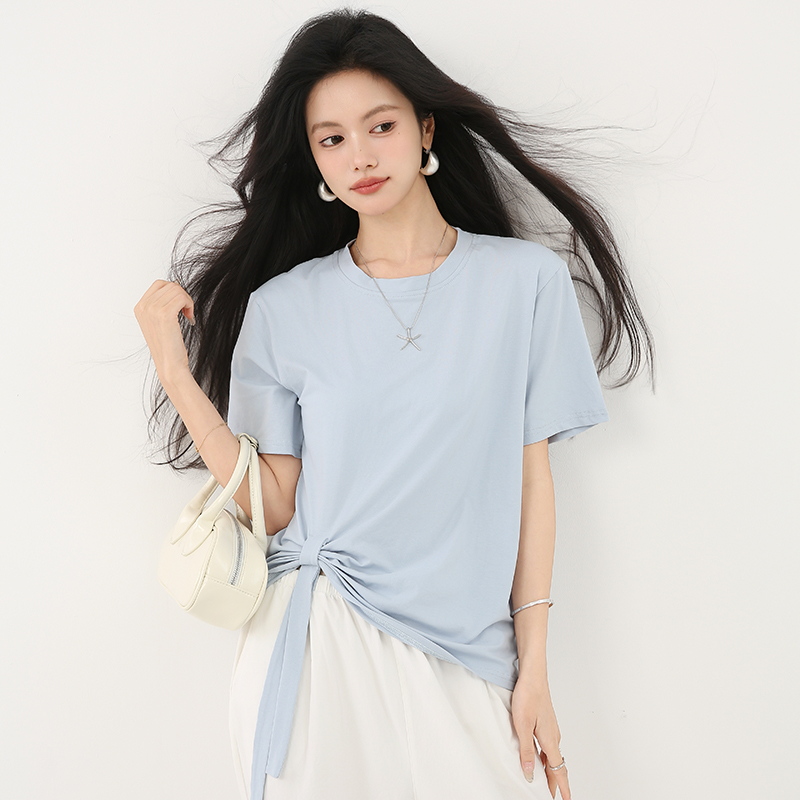 Short loose blue T-shirt irregular short sleeve tops